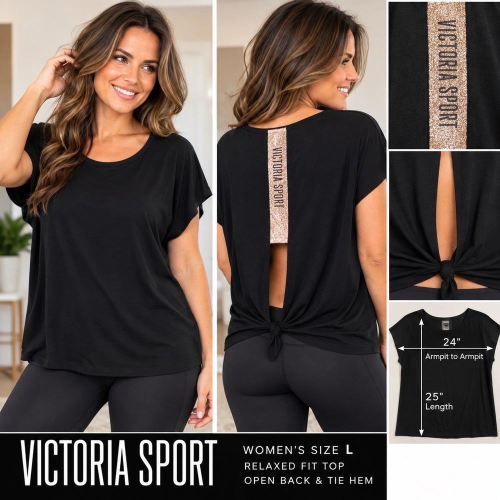 VICTORIA SPORT Women's Size L Black Top Blouse Short Sleeve Back Opening & Tie